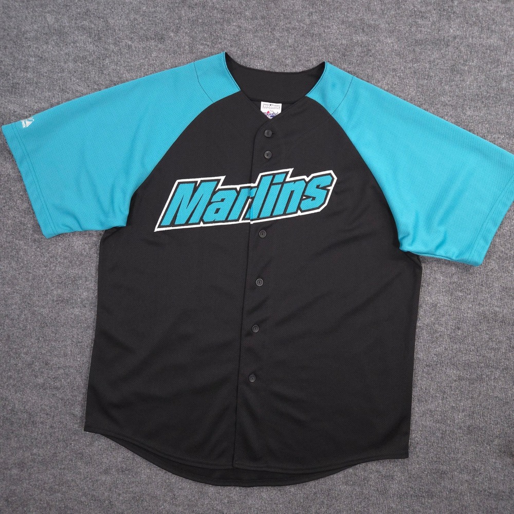 Vintage Majestic Florida Marlins‎ Baseball Jersey Mens XL Teal Retro Spell Out